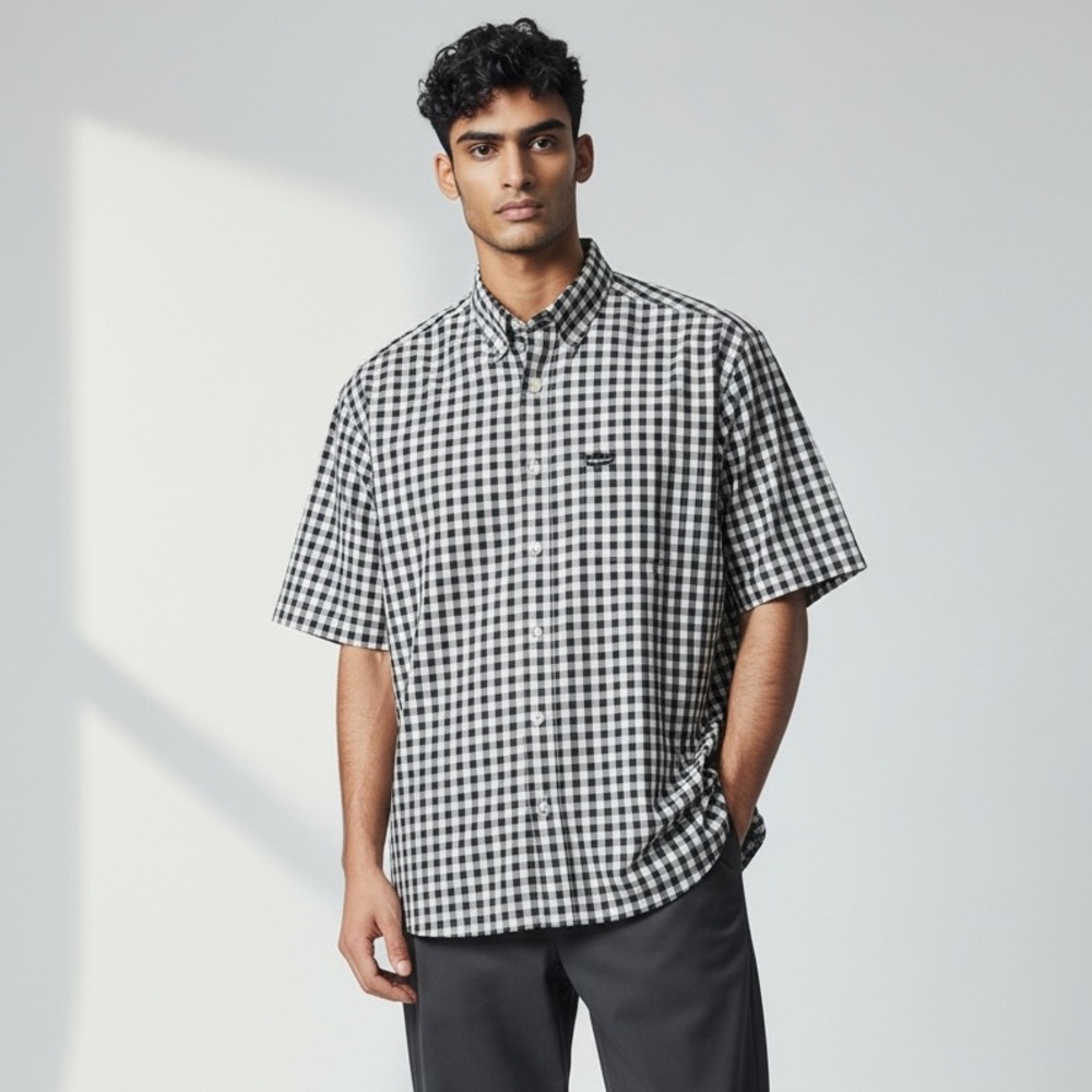Faconnable Navy/White Gingham check Short-Sleeve Button-Down Shirt made in USA